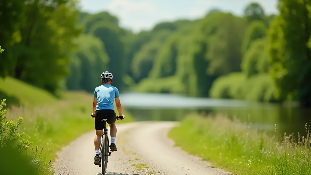 Cyklista jedoucí po cestě podél řeky Berounky, zeleň kolem