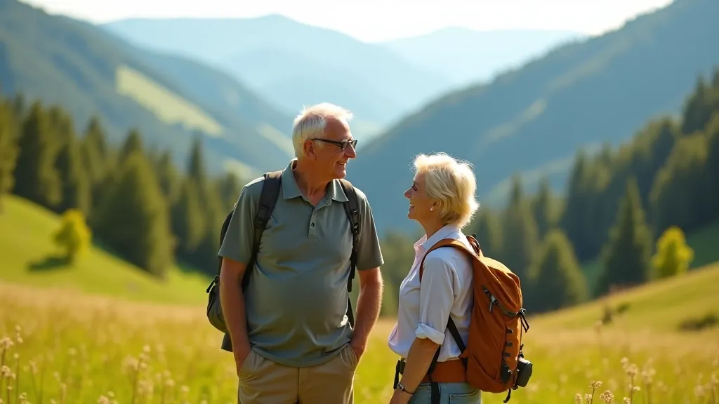 Skupinka seniorů na horské louce s vybavením na výšlapu