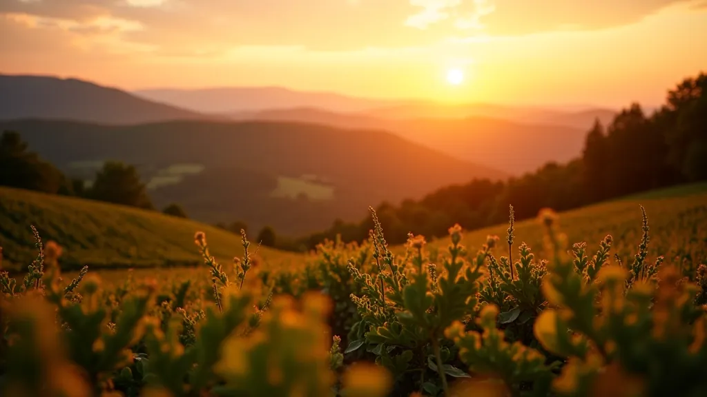 Západ slunce nad vinicemi v Pálavě se zlatým světlem osvětlujícím kopečky